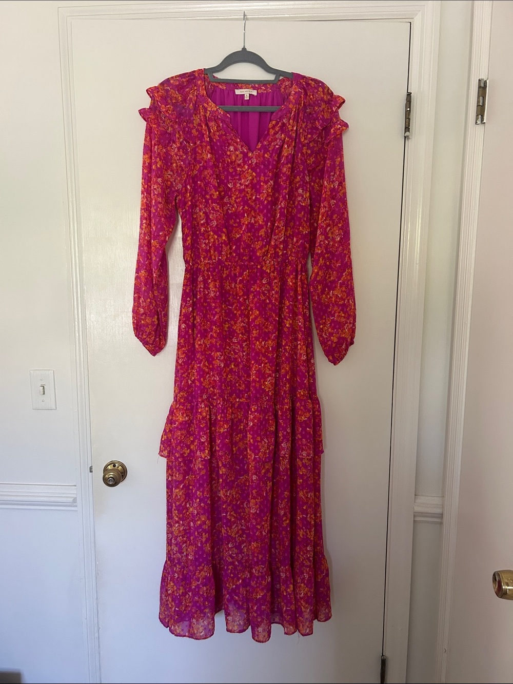 Fuchsia Floral Maxi Dress with Ruffle Shoulders